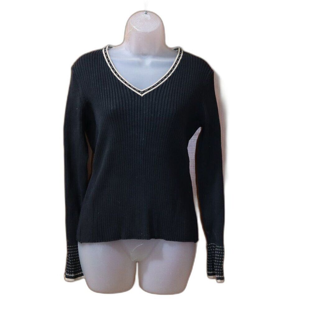 City Silk Vintage Black Pullover Sweater Beige Trim Flared Sleeve Y2K Large